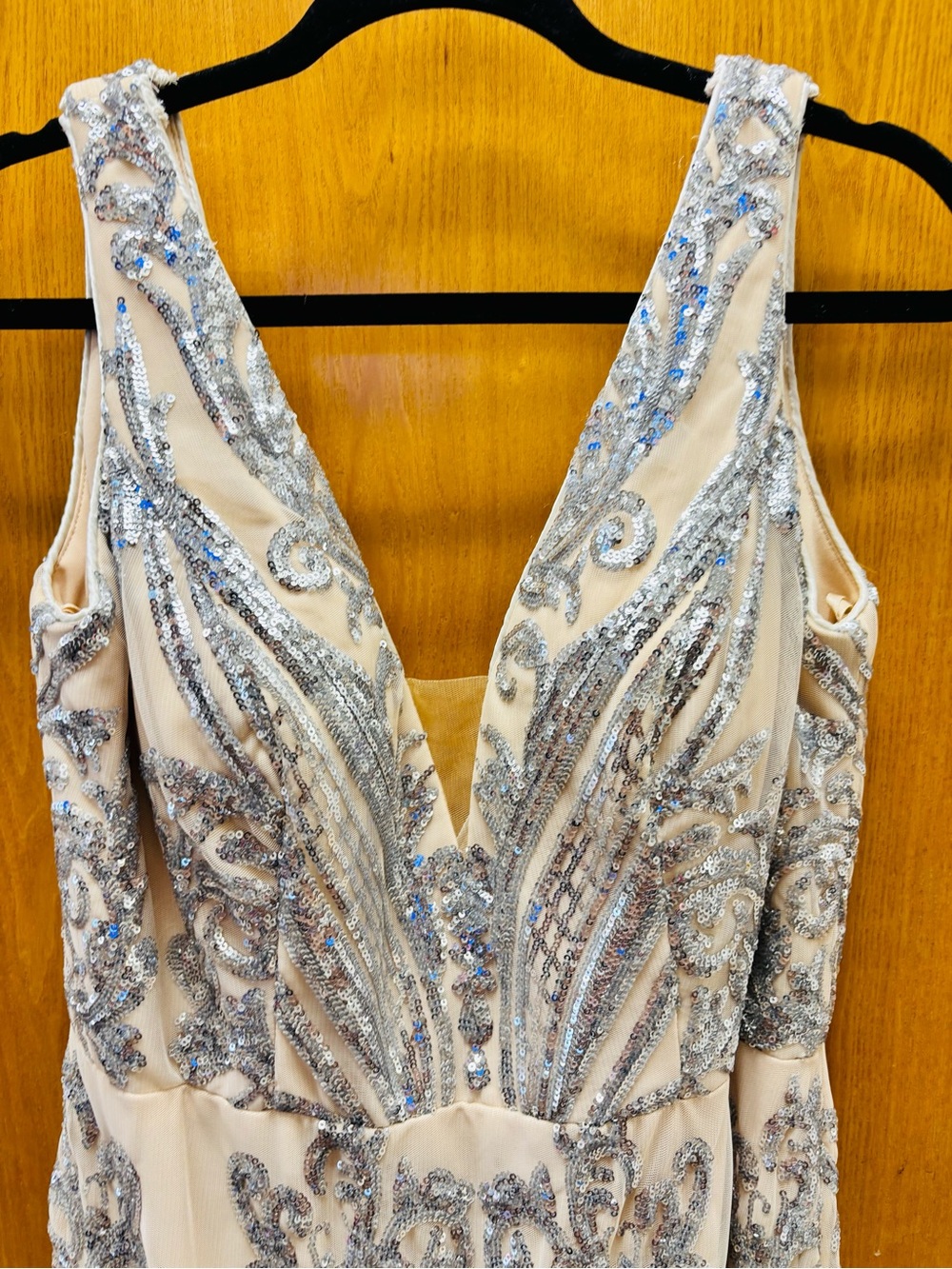 Nude Sequin Embellished V-Neck Wedding Dress